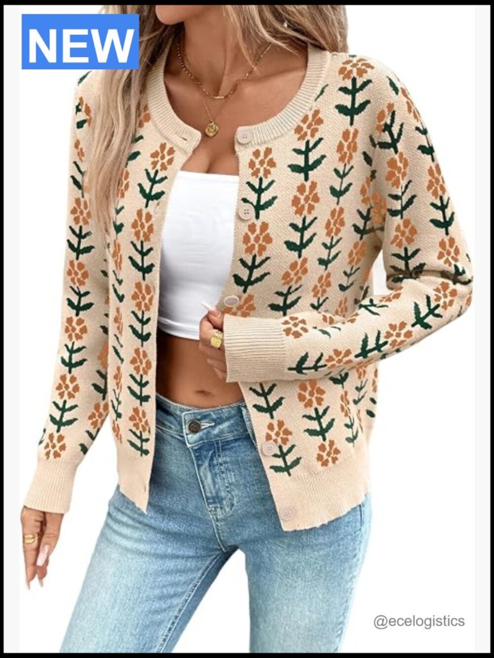 Button Down Cropped Cardigan Sweater Floral Knit Long Sleeve Open Front